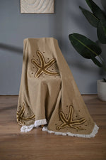 Beige Cotton Throw with Starfish Embroidery and Tassel Edges - SanskrutiHomes