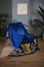 Blue Color Animal Embroidery Throw - SanskrutiHomes