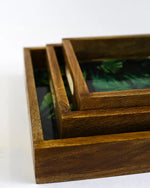 PRINTED RECTANGLE TRAY SET OF 3 WITH WOODEN BASE NOT MDF BASED - SanskrutiHomes