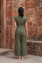 Olive Green Solid V-Neck Belted Cotton Jumpsuit for Women - SanskrutiHomes