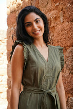 Olive Green Solid V-Neck Belted Cotton Jumpsuit for Women - SanskrutiHomes