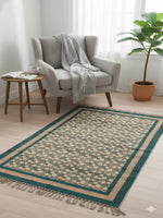 Sage Green Cotton Block print with Tassels and fringed edges Rug - SanskrutiHomes
