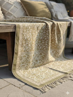 Beige Cotton Abstract Block Print fringed edges Rugs - SanskrutiHomes