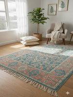 Teal Woven Digital Print Polyester fringed edges Rug - SanskrutiHomes