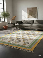 Yellow & Green Block Printed Cotton Area with Fringed Edges Rug - SanskrutiHomes