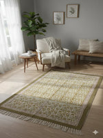 Beige Cotton Abstract Block Print fringed edges Rugs - SanskrutiHomes