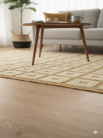 Beige Geometric Grid Woven Cotton Jute Rug with Fringed Edges - SanskrutiHomes