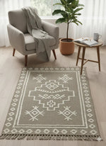Grey Tribal Geometric Woven Cotton Jute Rug with Fringed Edges - SanskrutiHomes