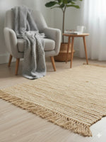 Beige Stripes Print Cotton and Jute Woven fringed edges Rug - SanskrutiHomes