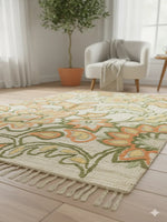 Beige Floral Vine Woven Cotton Jute Rug with Fringed Edges - SanskrutiHomes