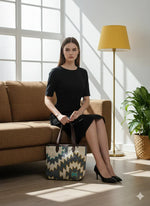 Multi color Geometric Print with Brown Handle Tote Bag for Women - SanskrutiHomes