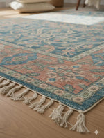 Teal Woven Digital Print Polyester fringed edges Rug - SanskrutiHomes