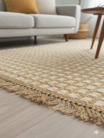 Brown Checks Print Woven Cotton Jute fringed edges Rug - SanskrutiHomes