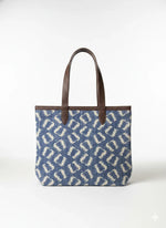 Blue Geometric Print with Brown Handle Cotton Tote Bag for Women - SanskrutiHomes