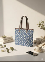 Blue Geometric Print with Brown Handle Cotton Tote Bag for Women - SanskrutiHomes