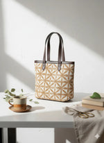 Brown Geometric Print Canvas Tote Bag with Brown Leatherette Handles for Women - SanskrutiHomes