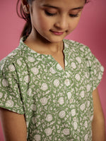 Green Floral Printed Round Neck Night Suit for Kids - SanskrutiHomes