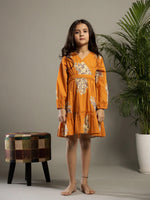 Orange V-Neck Printed Cotton Dress for Kids - SanskrutiHomes