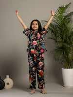 Black Multicolor Floral Printed Night Suit for Kids - SanskrutiHomes
