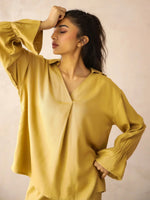 Yellow Solid V-Neck Pure Cotton Co-Ord Set for Women - SanskrutiHomes