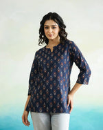 Blue Printed Cotton Top for Women - SanskrutiHomes