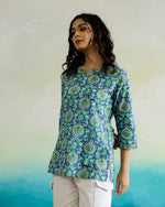 Blue Flower Printed Cotton Top - SanskrutiHomes