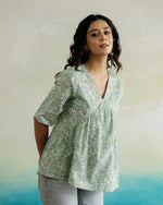 Green Flower Printed Cotton Half Sleeve Top for Women - SanskrutiHomes