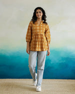 Yellow Printed V-Neck Cotton Top - SanskrutiHomes