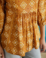 Yellow Printed V-Neck Cotton Top - SanskrutiHomes