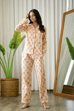 Beige & Red Full sleeves Printed Cotton Night suit - SanskrutiHomes