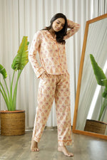 Beige & Red Full sleeves Printed Cotton Night suit - SanskrutiHomes
