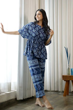 Women Navy Blue Pure Cotton Ethnic motifs Printed Kaftan With Pyjama - SanskrutiHomes