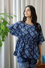 Women Navy Blue Pure Cotton Ethnic motifs Printed Kaftan With Pyjama - SanskrutiHomes