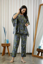 Navy Blue & Green Cotton Printed Kaftan set - SanskrutiHomes