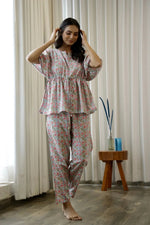 Women Light Blue & Pink Floral Printed Cotton Kaftan With Pyjama - SanskrutiHomes