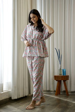 Women Light Blue & Pink Floral Printed Cotton Kaftan With Pyjama - SanskrutiHomes