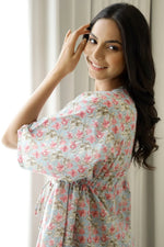 Women Light Blue & Pink Floral Printed Cotton Kaftan With Pyjama - SanskrutiHomes