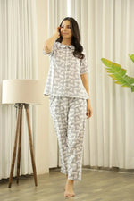 Grey White Cotton Cat Printed Peter pan collared Night Suit Set - SanskrutiHomes