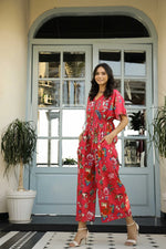 Red PINK loose Printed Cotton jumpsuit - SanskrutiHomes
