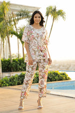 White FLORAL Cotton Printed Kaftan and Pajama Set - SanskrutiHomes