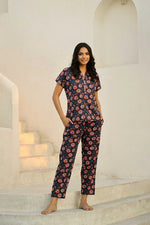 Navy Blue Printed Pure Cotton Night suit - SanskrutiHomes