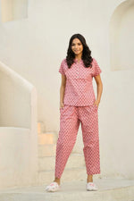 Flamingo pink printed pure cotton night suit set - SanskrutiHomes