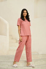 Peach pink printed pure cotton night suit set - SanskrutiHomes