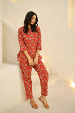 Red & white printed pure cotton night suit set - SanskrutiHomes