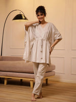Cream V-Neck Velvet Winter Kaftan - SanskrutiHomes