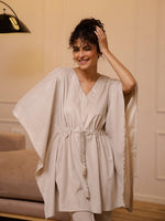 Cream V-Neck Velvet Winter Kaftan - SanskrutiHomes