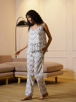 White Floral Printed Night Suit Set - SanskrutiHomes