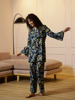 Blue Floral Printed V-Neck Cotton Night Suit - SanskrutiHomes