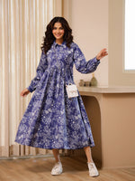 Blue Flower Print Dress for Women - SanskrutiHomes