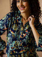Blue Floral Printed V-Neck Cotton Night Suit - SanskrutiHomes